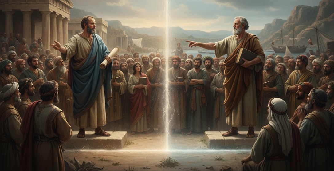 Open bible on a wooden table with a sunlit path in the background.